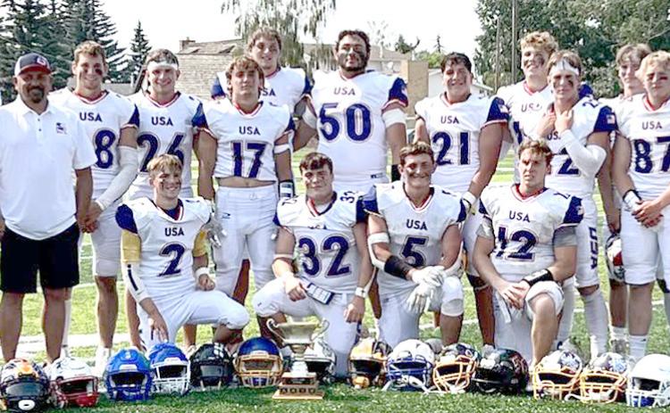 6-MAN FOOTBALL TEAM USA – The 6-Man American football team which was comprised of players from Montana, Nebraska, Wyoming and Texas competed against the Canada team over the weekend and won by a score of 84-16. Pawnee City’s Andy Maloley (#12, front row first from right) was named Captain of the team and played both running back and quarterback in the winning effort. photo courtesy of Jamie Maloley