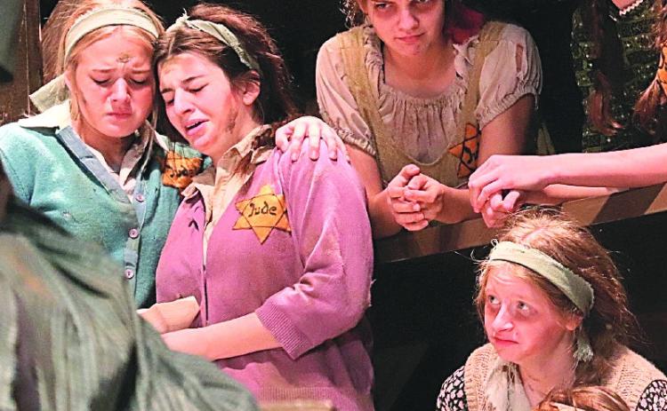 A Scene from the play And A Child Shall Lead by Michael Slade: Madi Fender and Neveah Blecha, Emalyse Gottula and Kinsley Benson, and Kailey Hartman and Taelyn Blecha.