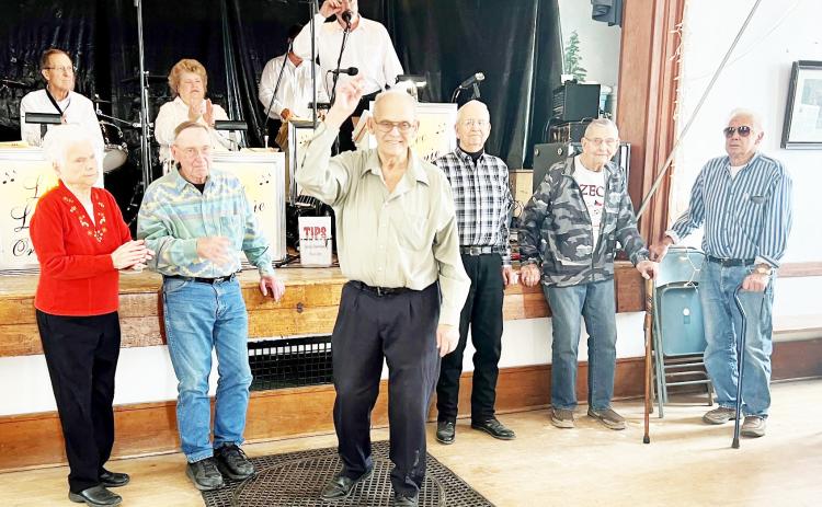 “Bouncing”Bob Blecha and the surviving members of the band when it was established over 50 years ago: Behind Bob are Elsie Tomek,”Table Rock” Bob Blecha, Milan Tomek, Edward Tomek, and Bob Stepanek