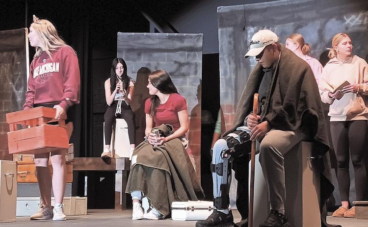 One Act cast member rehearse the beginning of their performance. Picture are Elie Bstandig, Harlee Hardesty, Lillian Bowen, Jon Koch, MaKena Dunlap, and Macy Vrtiska Reagan Connelly~Pawnee Republican