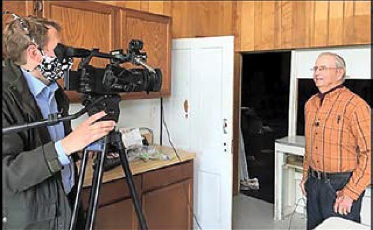 Milan Tomek in 2019, being interviewed by Jon Vanderford, of the popular television program Pure Nebraska, about memories of the old Legion Hall building.