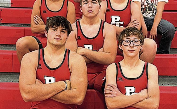 Members of the 2025-26 Pawnee City Wrestling Team are front: Dylan Layne, Luke Hunzeker. Second row: Gauge Schuetz. Third row: Saueng Bouthevong, Joel Strehle. Back row: Addison Boverhuis, Student Manager Parker Schuetz.