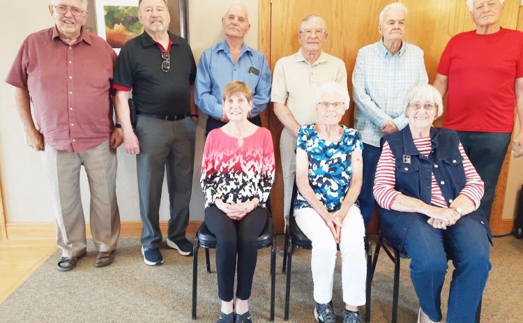 The Class of 1958 met for their 65th class reunion on Saturday, May 27 at Schilling Bridge Winery in Pawnee City. Nine class members were in attendance. Included were (front row from L) Bette (Bob) Hodson of West Des Moines, IA, Kay Farwell of DuBois, and Charlotte Aspegren of Denton. Back Row from L - Bill (Jan) Thompson of Stromsburg, Norm Foster of Lincoln, Steve (Millie) Avery of DuBois, Lyle (June) Hess of Pawnee city, Paul (Dottie) Campbell of Lincoln, and Rich Klepper of Pawnee City.