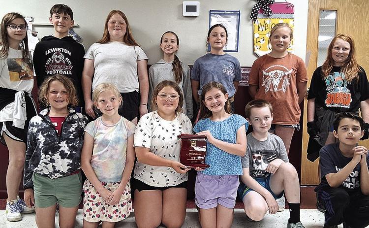 Lewiston 5th graders. Back Row: (Left to right) Sophia Meyers, Nolan Janssen, Avery Busing, Delaney Rohmeyer, Aubrey Petersen, Peyton Keedy, Juniper Melroy. Front row: Aarya Peck, Shyanne Peck, Blair Shields, Eloise Campbell, Liam Cookus, Sylas Peck