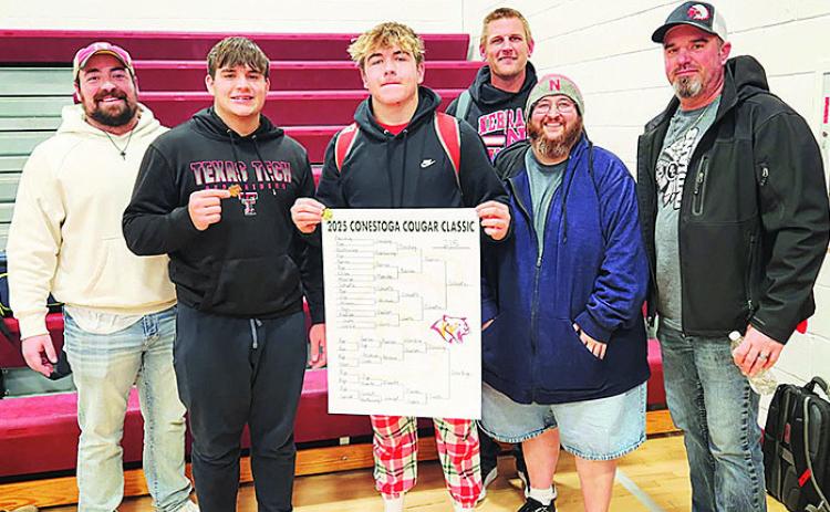 Pictured(L to R) Assistant Coach Koalton Taiclet, Dylan Layne (3rd place), Gauge Schuetz (Champion), Head Coach Jacob Schuetz, Coach Jacob Otero, Coaches Assistant Michael Layne