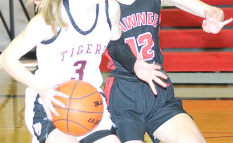 LHS’ Katelyn Sanders (#3, left) pulls up for a shot on a fast break as P.C.’s Mallory Branek (#12) tries to defend. Paula Jasa/Republican