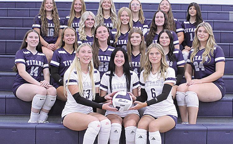 Members of the 2026 HTRS Volleyball team are (L-R front row) Seniors: MaKena Dunlap, Harlee Hardesty, Chloe Shupp. Second Row Juniors: Eden Duryea, Eden Stewart, PJ Howe, Emerson Bredemeier, Dasha Hunzeker, Georgianna Melcher. Third Row Sophomores: Adilyn Nincehelser, Bailee Schmit, Lexi Tichy. Fourth Row Freshmen: Ellisyn Herr, Ava Shupp, Lily Beetison, Madison Lefler, Elise DeJonge and Kaydence Reyes. (Not Pictured: Head Coach: Brittany Rogers, Assistant Coach: Megan Howe)