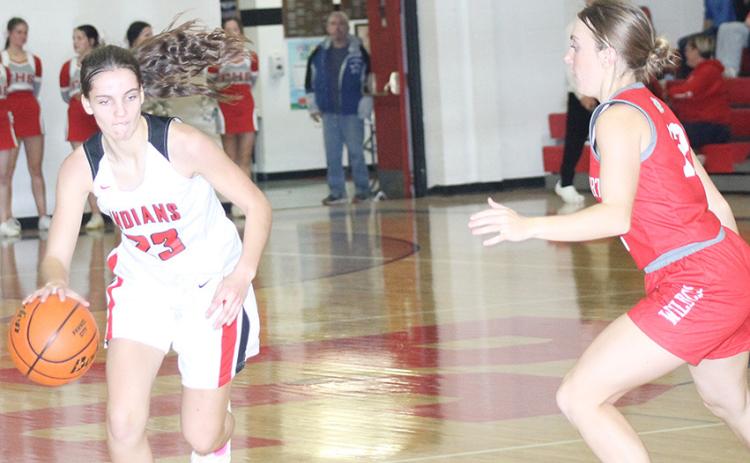 P.C.’s Emalyse Gottula brings the ball down against Frankfort, Ks. in the Lady Indians’ home opener. Gottula scored 5 points in the game to lead Pawnee City. Paula Jasa/Republican