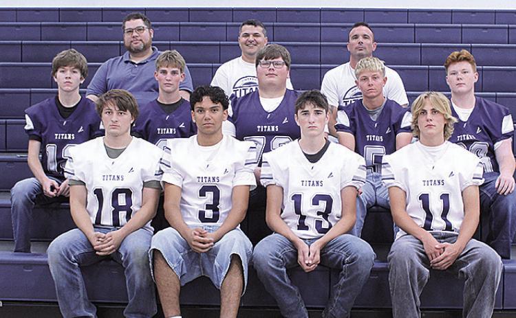 Members of the 2026 HTRS football team are (L-R front row) Seniors: Tristin Pagnano, Nicholas De Almeida, Colt Leech, Henrik Amelsberg. Second Row: Braxton Unruh, Jack Hilgenfeld, Nate Burns, Josh Manning, Zander Lambrecht. Third Row: Assistant Coach Alex Fulbright and Matt Pagnano. Head Coach: Travis Hall
