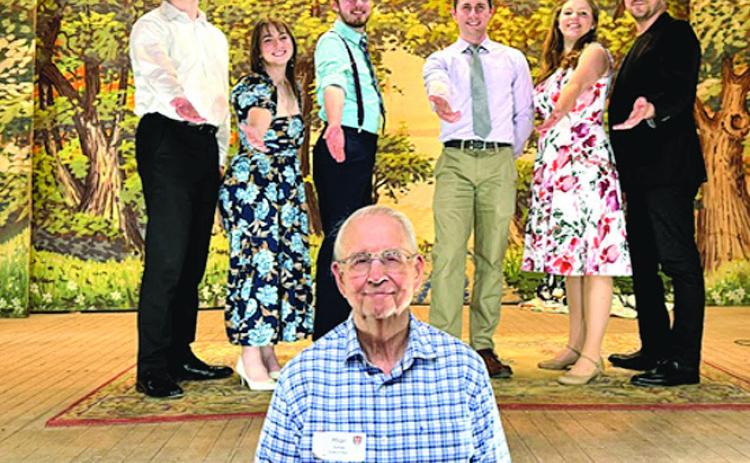 Milan Tomek with the cast. He is a charter member of the Table Rock Historical Society and helped save the Opera House almost 60 years ago.