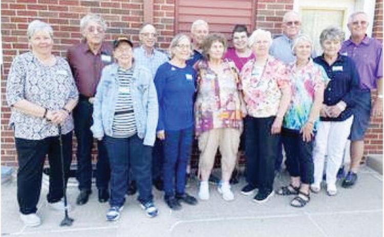 On Friday, May 26, 2023, thirteen members of the Pawnee City High School graduating class of 1963 gathered at the Convent House in Steinauer, Nebraska, to celebrate their Sixtieth Class Reunion. Left to Right: Martha Bock Richard, Cecil Slater, Elaine Greenwade Bottcher, David Crom, Judy Hubka Crawford, Mike Korber, Wauneta Slater McKnight, Joyce Laun Pearson, Carol Koester Doolittle, Joe Fritz, Shirley Popelka Snyder, Phyllis Brown Ideus, Max Martin Jr.